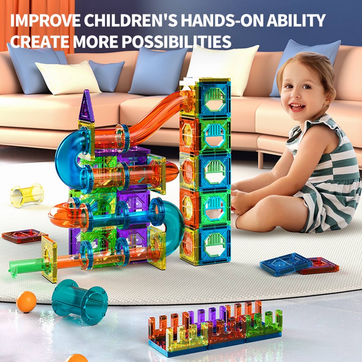 Marble Run Set - Light Magnetic Tiles Building Blocks for